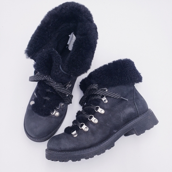 J.Crew Nordic Black Hiking Combat Boots Shearling Upper F8444 Size 8 - Picture 2 of 11